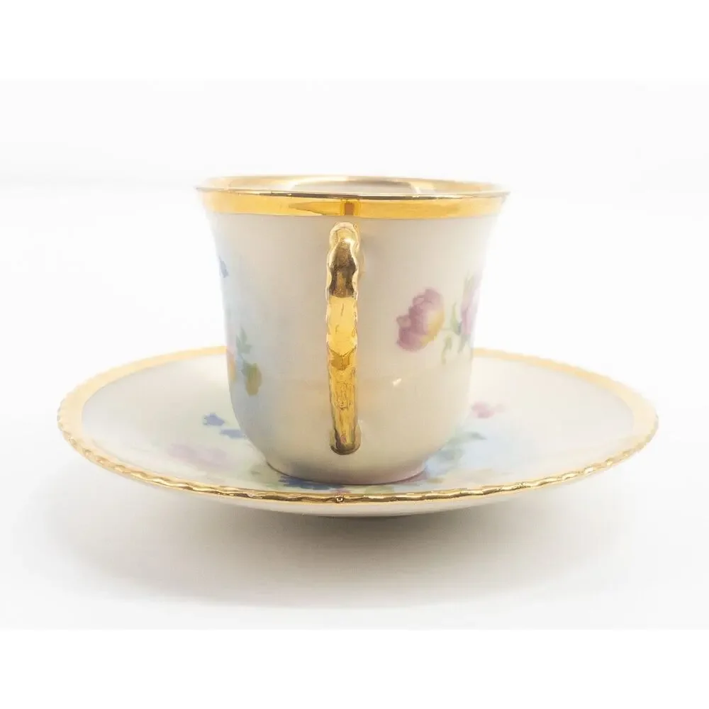 Tolpin Art Studios Teacup Saucer Flowers Pink Yellow Blue Gold Gilt Hand Painted